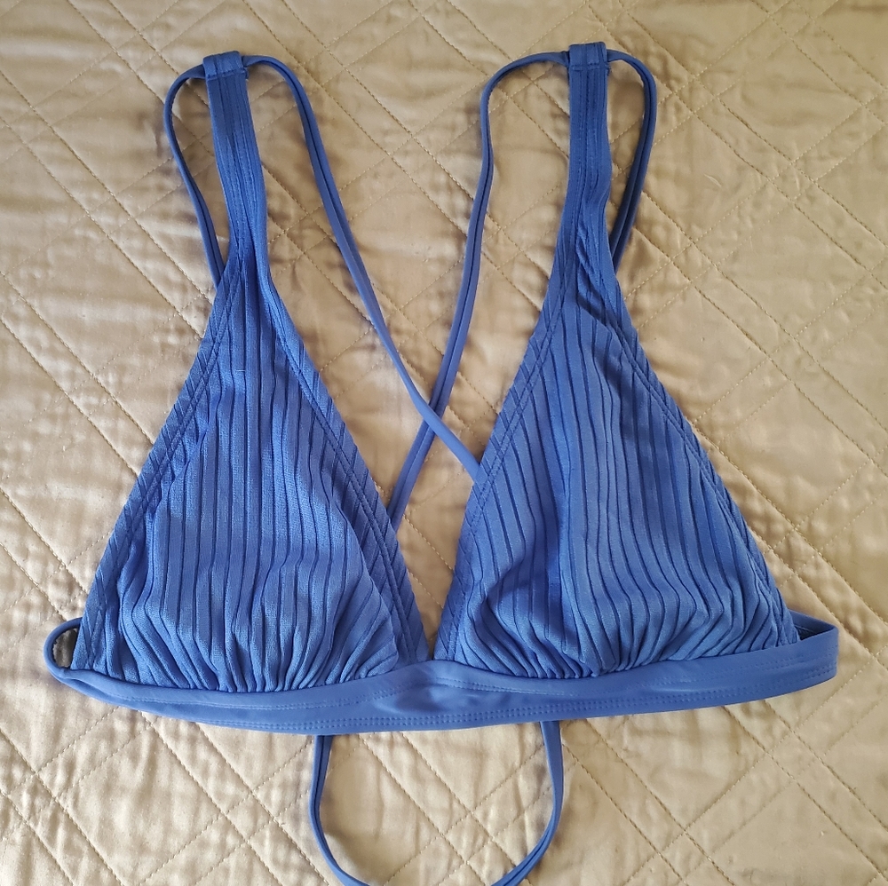 Blue textured halter style strappy bikini top